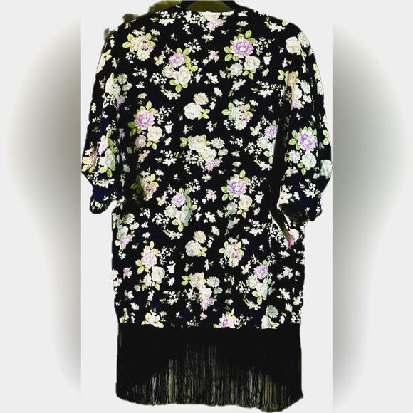 Y2K Abercrombie Fitch Boho Kimono Style Robe Cover Navy Floral Tassels One Size - Picture 2 of 4